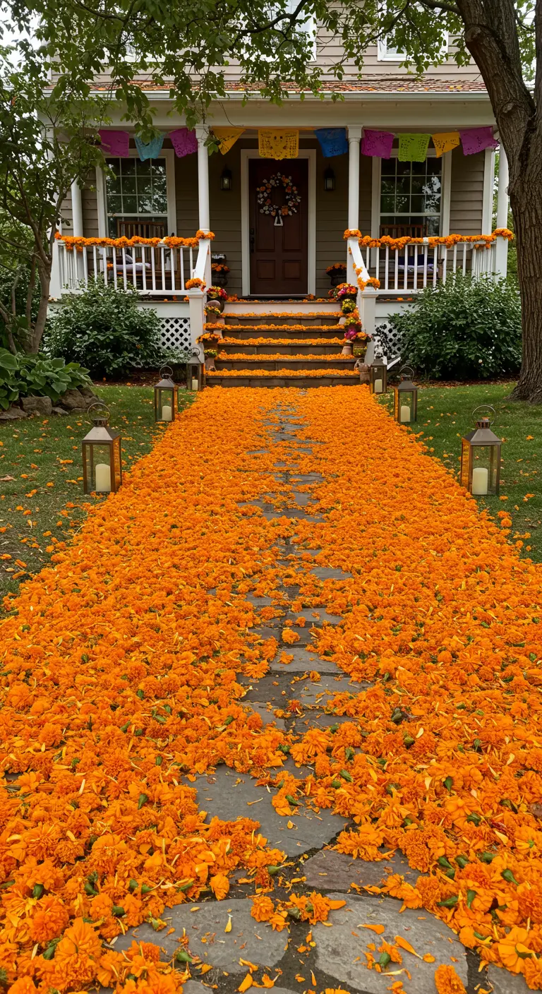 Un camino de jardín completamente cubierto por un manto de pétalos de cempasúchil.
