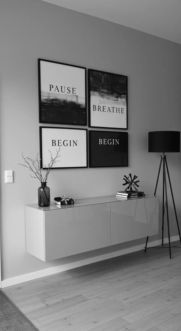 Recibidor moderno en blanco y negro con cuatro cuadros gráficos que dicen 'Pause, Breathe, Begin'.