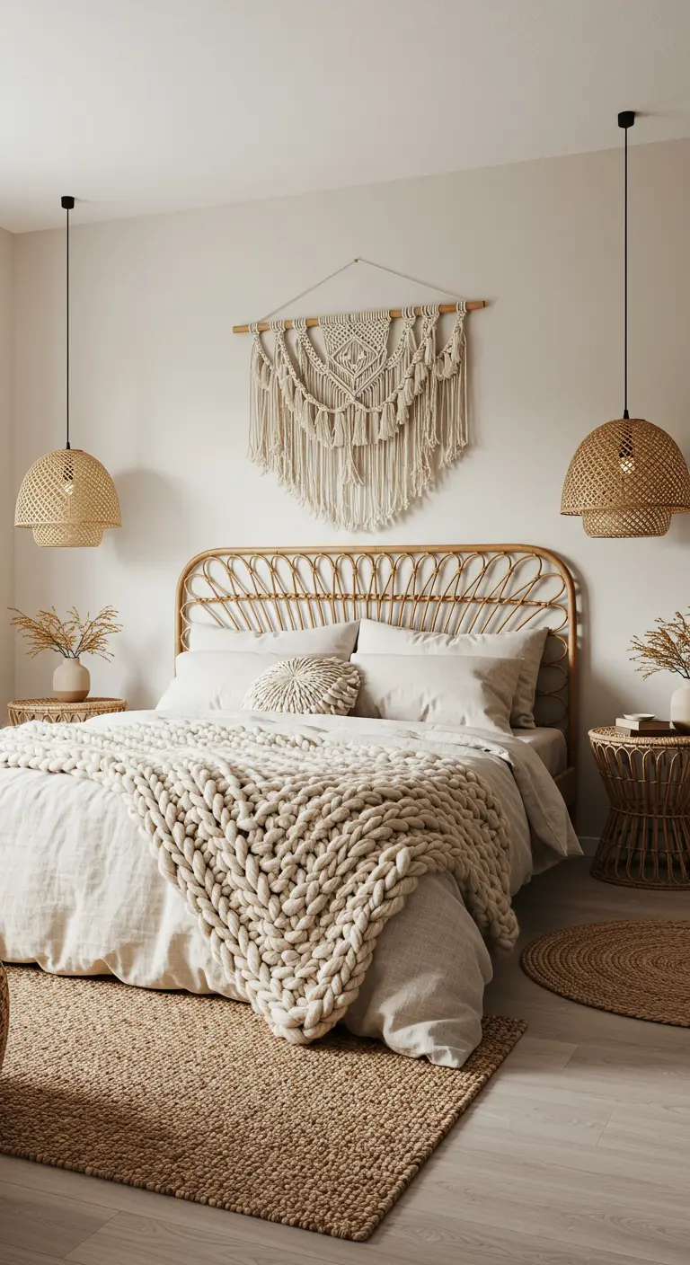 Dormitorio de estilo bohemio con cabecero de ratán, lámparas de mimbre y manta de punto grueso.