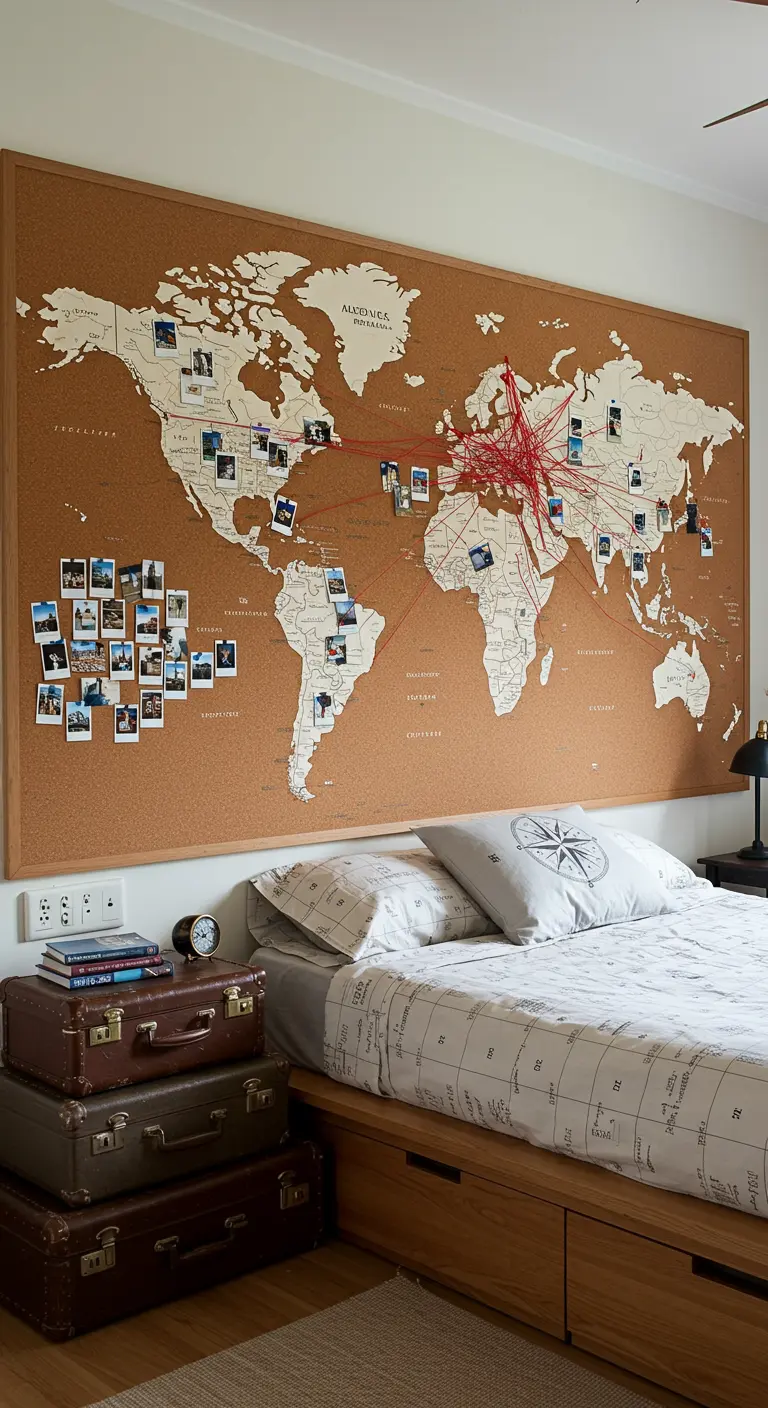 Mapa del mundo de corcho sobre una cama con fotos polaroid de viajes y chinchetas con hilo rojo.