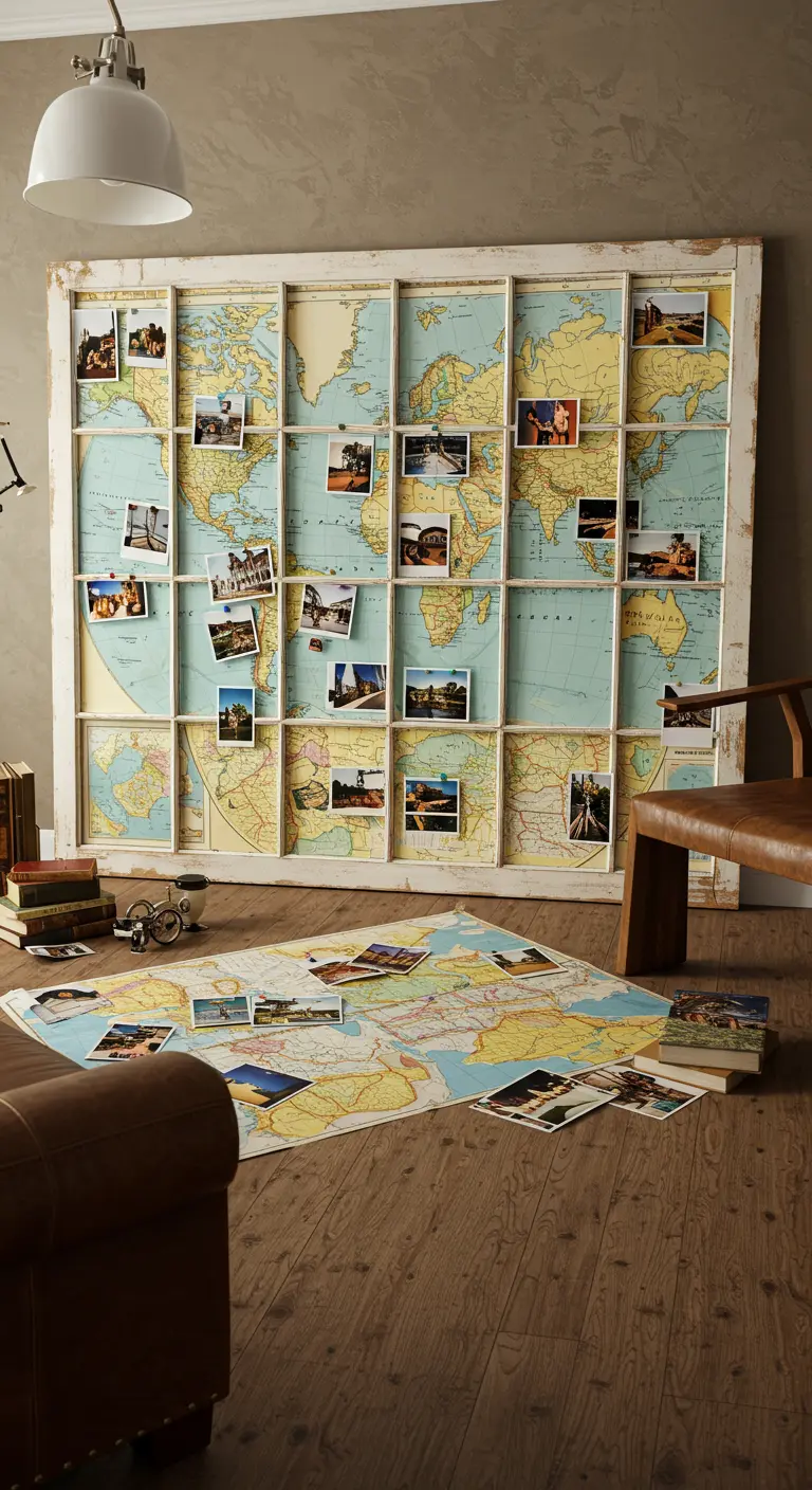 Gran ventana antigua colocada sobre un mapa del mundo, con fotos de viajes pinchadas en él.