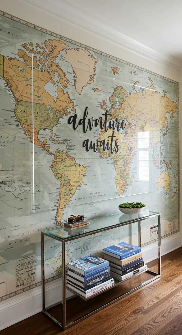 Pared de entrada cubierta con un gran mapa del mundo y las palabras 'adventure awaits' en 3D.