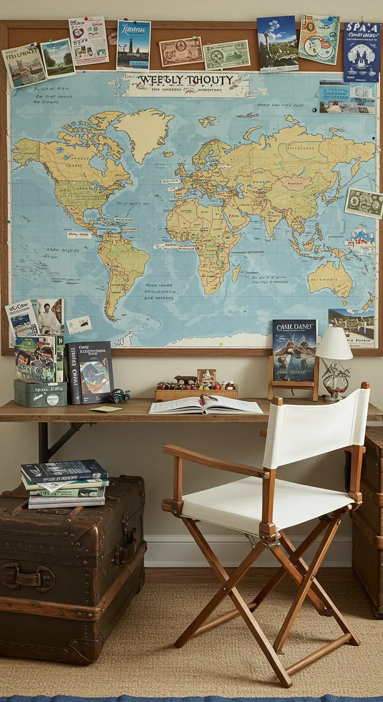 Rincón de trabajo con un gran mapa del mundo como tablón de corcho y muebles de estilo explorador.