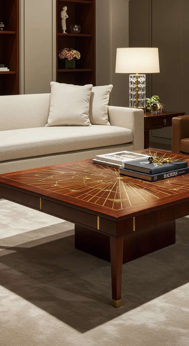 Mesa de centro de madera oscura con un intrincado diseño de incrustaciones de latón.