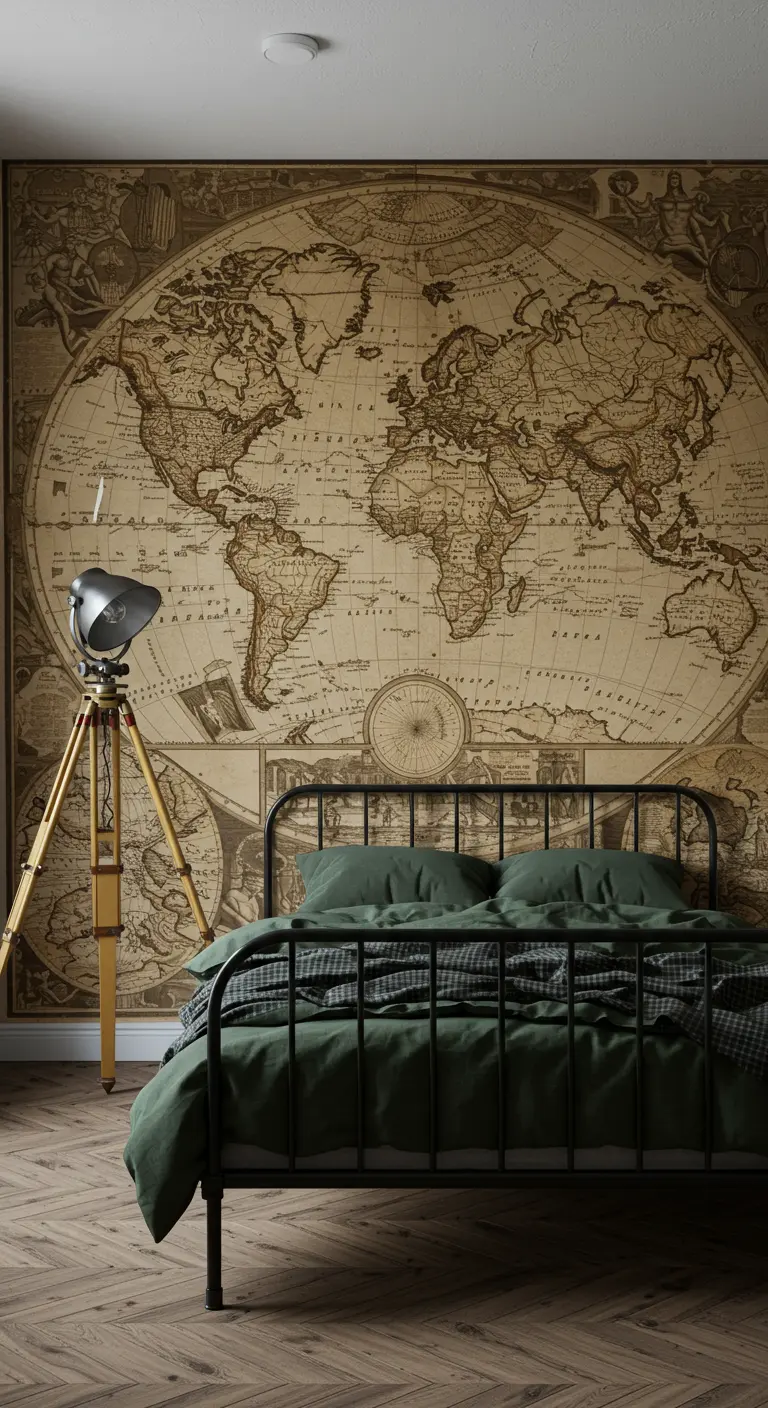 Dormitorio con un gran mural de un mapa del mundo antiguo en la pared del cabecero.