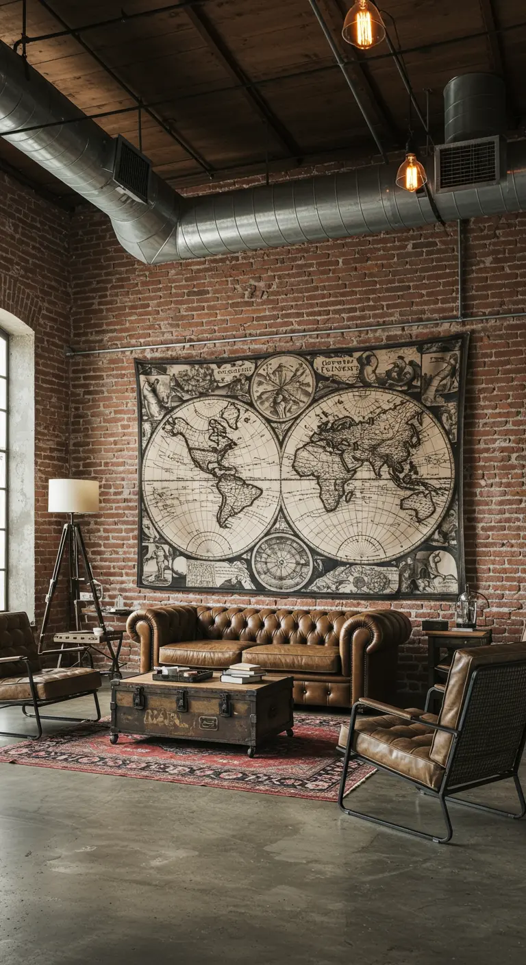 Tapiz de mapa del mundo antiguo en una sala de estar de estilo industrial con pared de ladrillo.