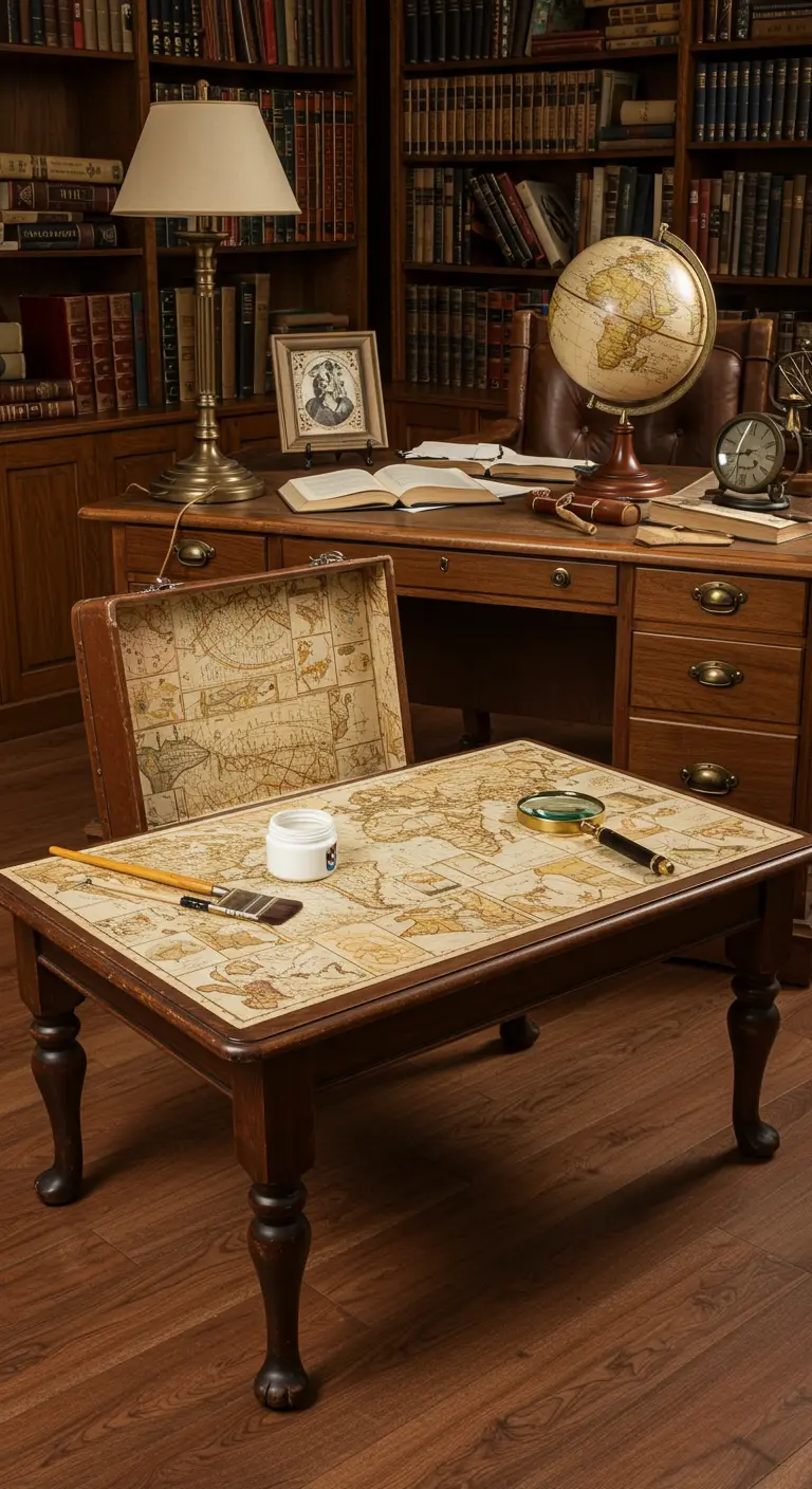 Maleta decorada con un mapa antiguo mediante decoupage, convertida en mesa de centro.