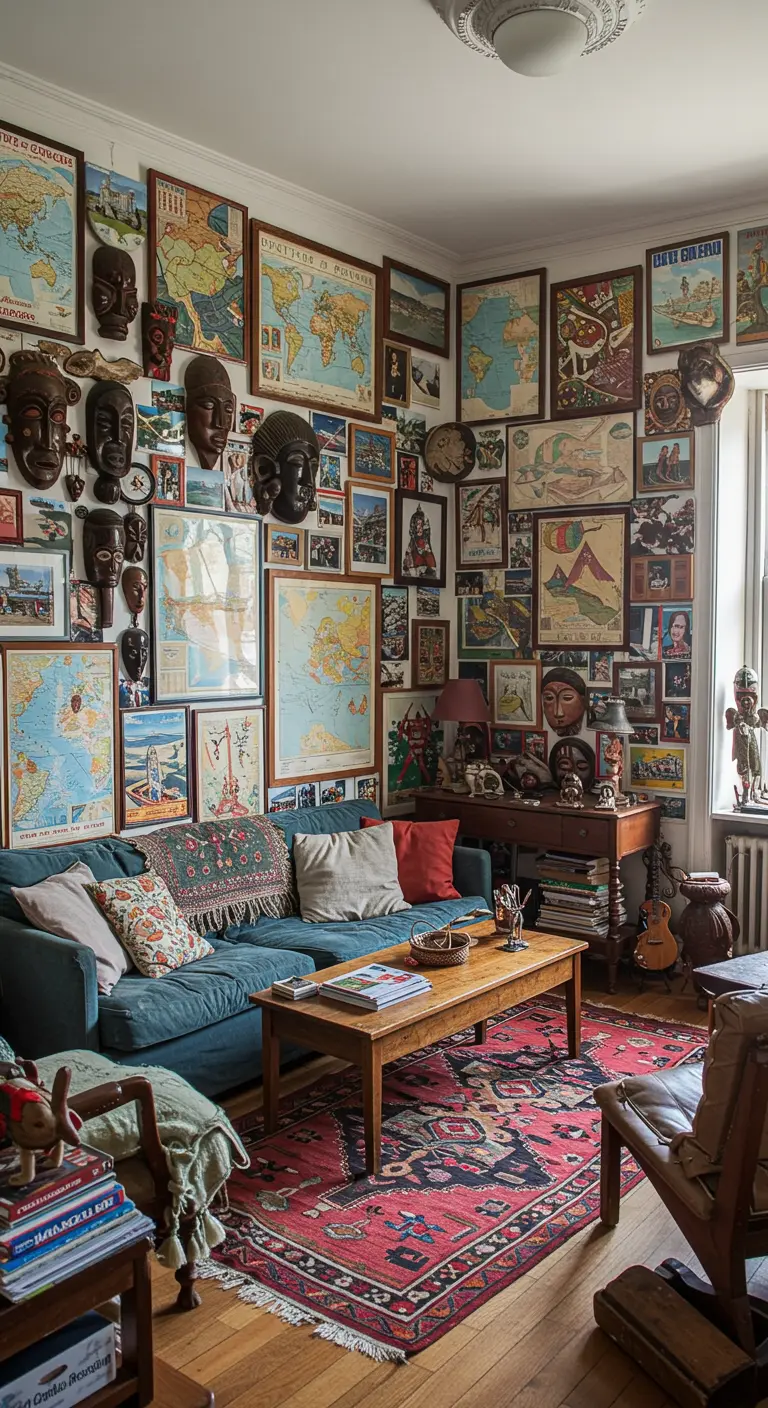 Pared de salón ecléctica llena de mapas del mundo, máscaras tribales y fotos de viajes