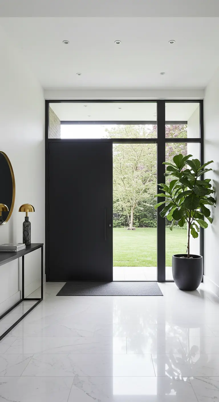 Entrada moderna con puerta y cristaleras en negro mate, suelo de mármol y una gran planta.