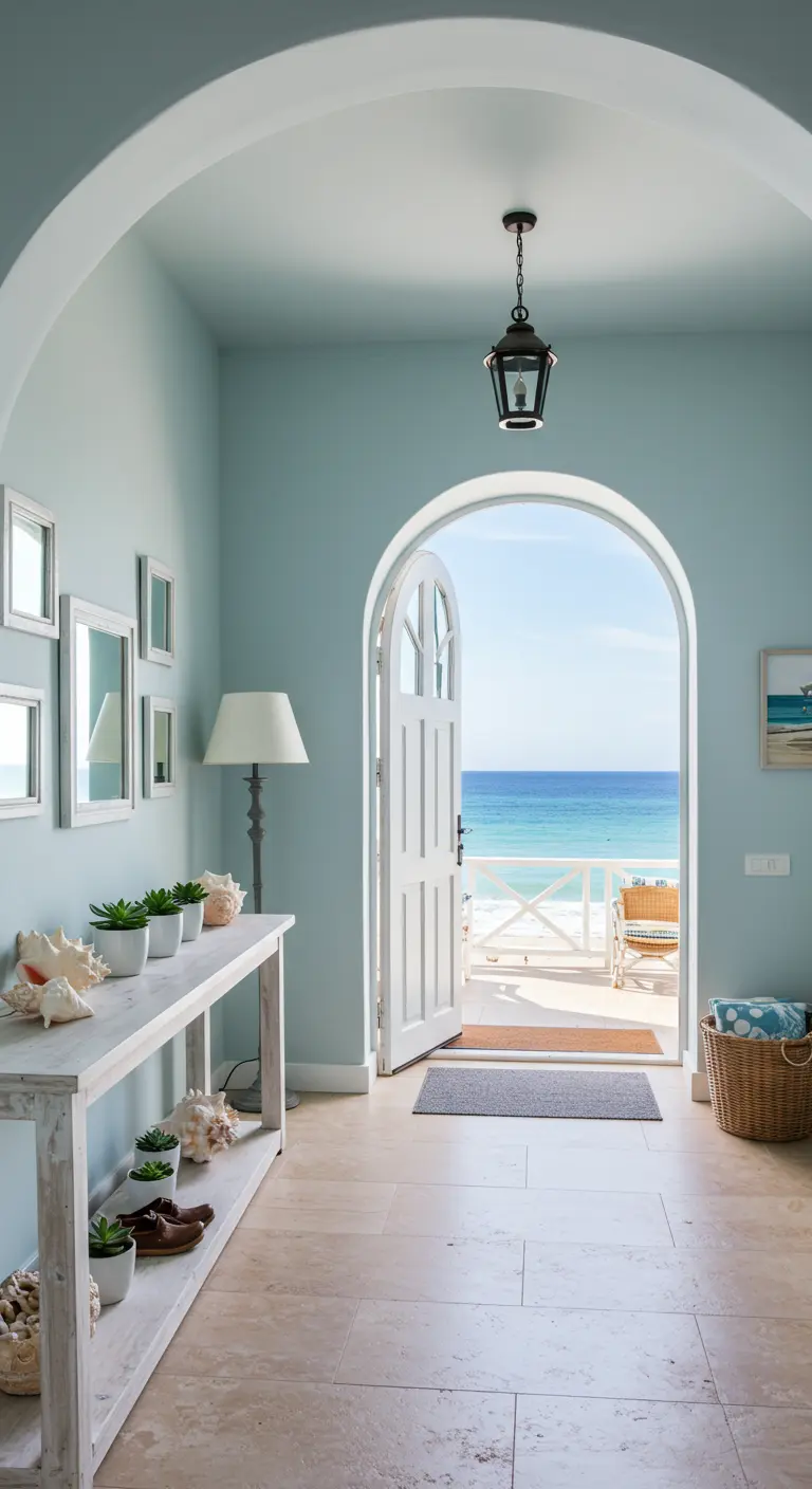 Pasillo azul claro con una puerta en arco que se abre a una vista del océano.
