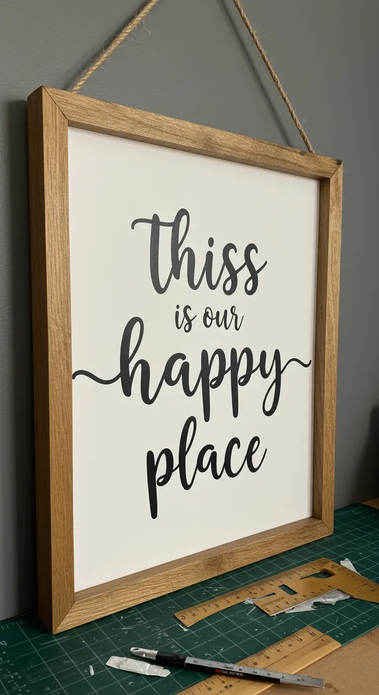 Cuadro con marco de madera y la frase 'This is our happy place' en caligrafía negra.