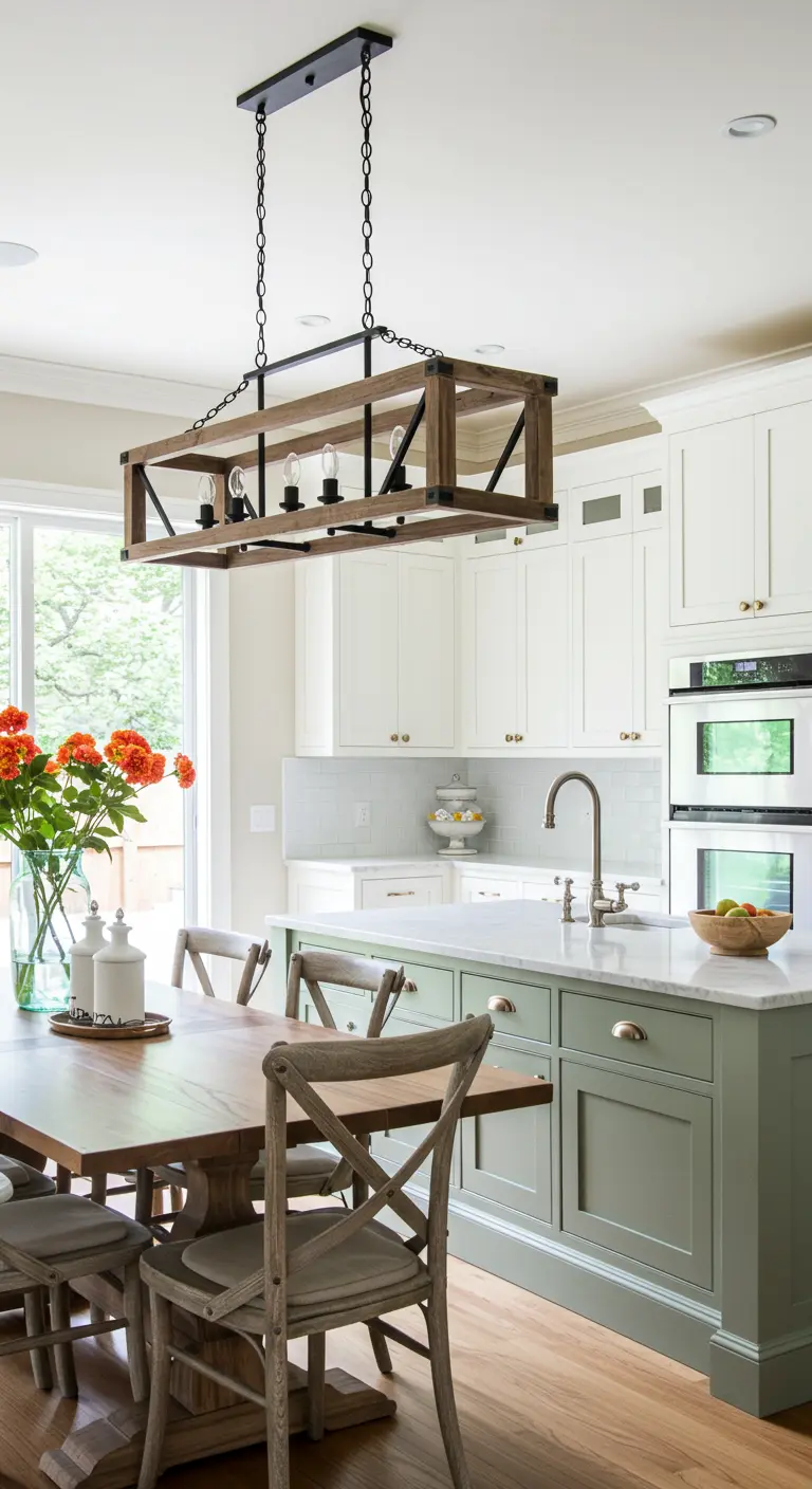 Cocina de estilo granja con isla verde y una lámpara colgante rectangular de madera y metal.