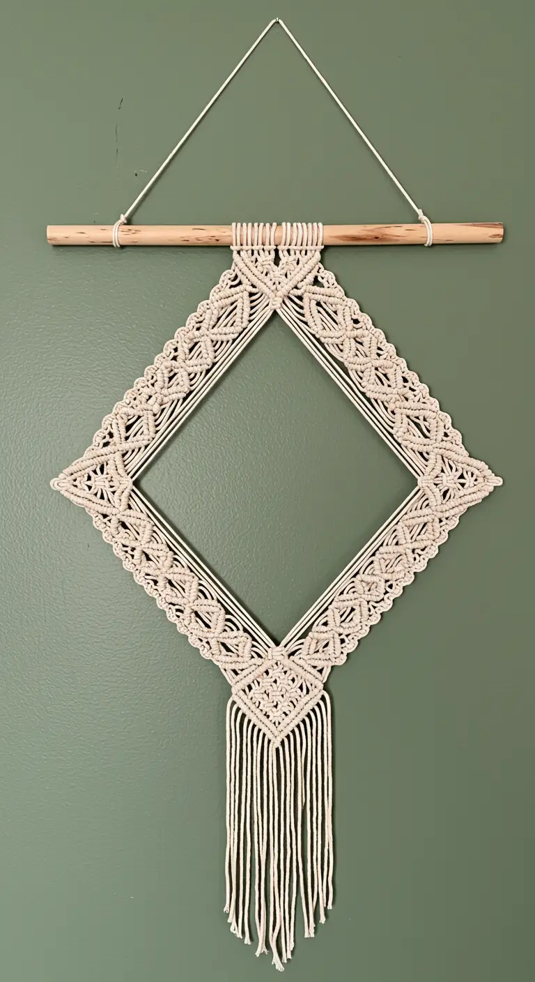 Tapiz de macramé en color crudo que forma un marco vacío en forma de rombo.