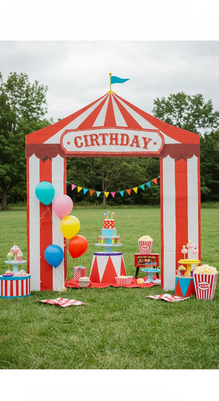 Entrada de photocall con forma de carpa de circo roja y blanca en un jardín con globos y pastel.