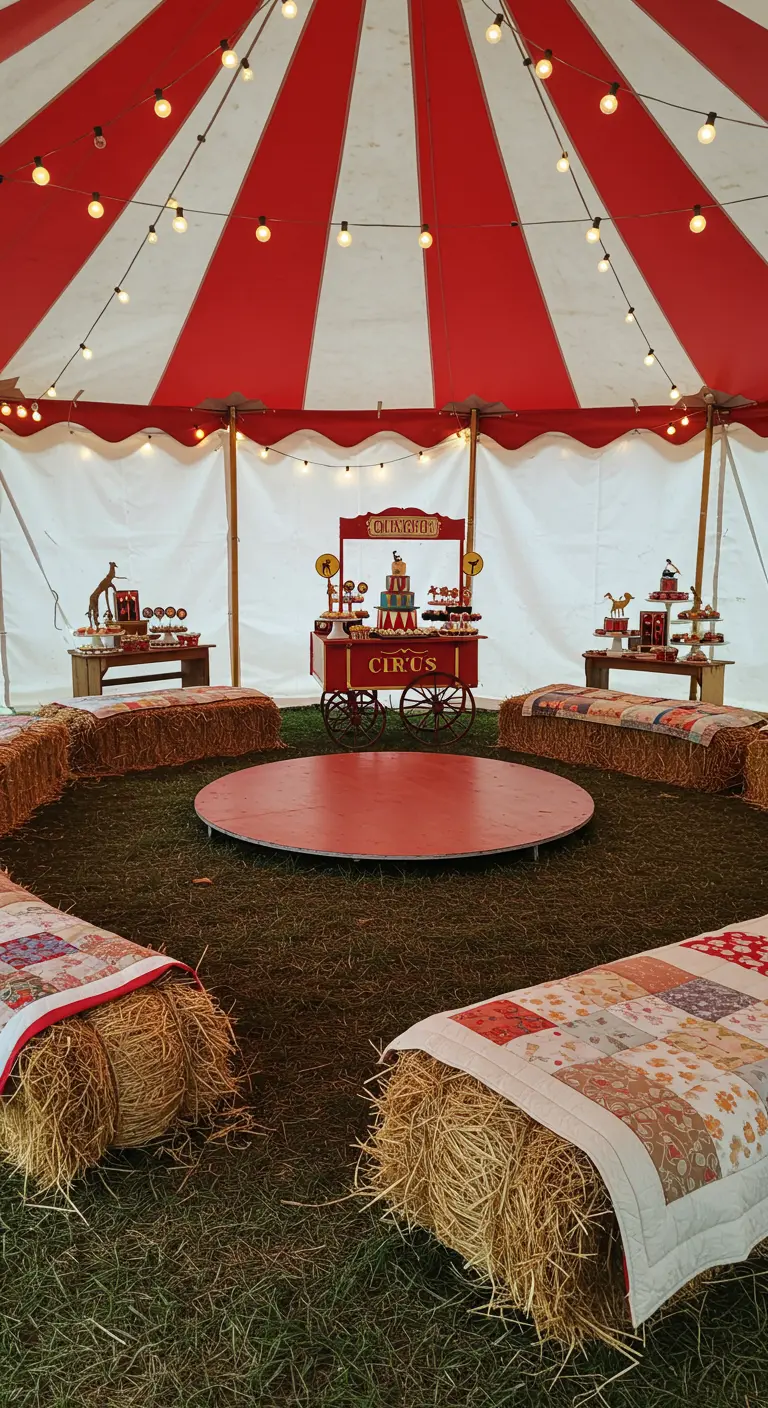 Fiesta de cumpleaños con temática de circo bajo una carpa roja y blanca.