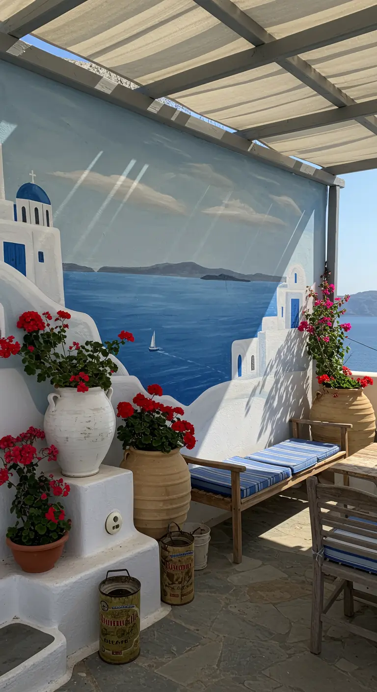 Terraza con un mural que recrea un paisaje de Santorini, con geranios rojos en primer plano.