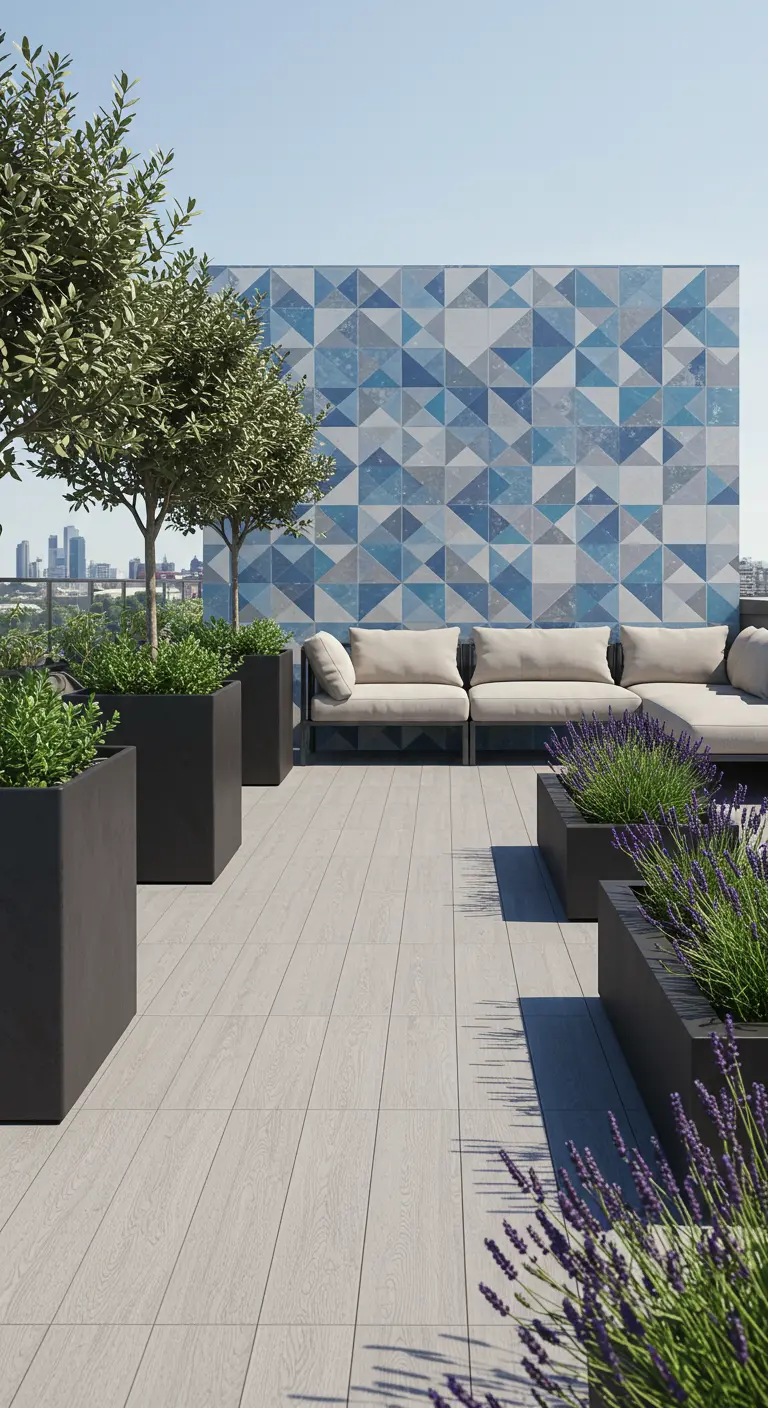 Azotea moderna con una pared de azulejos geométricos, sofás y maceteros oscuros con olivos y lavanda