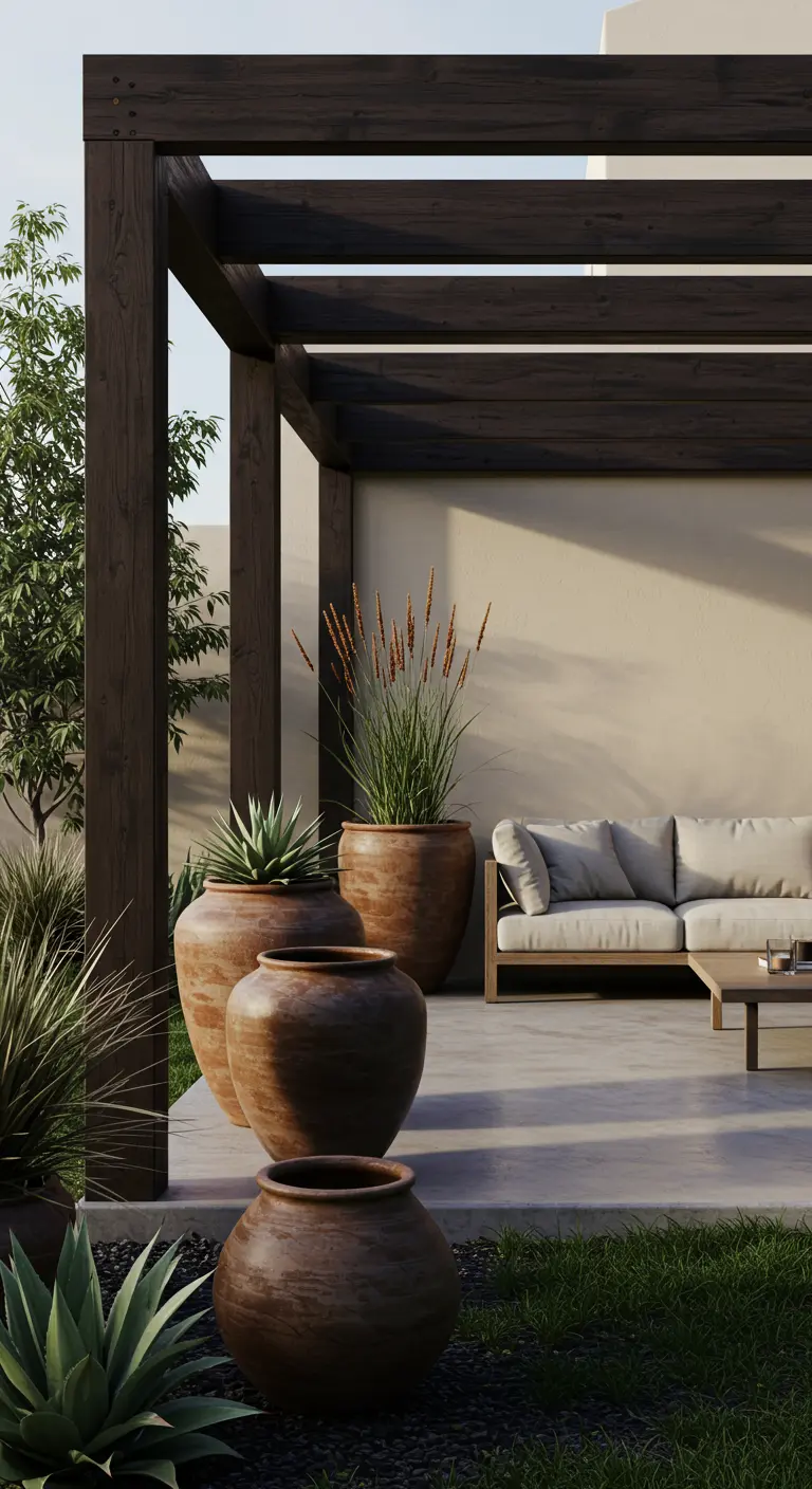 Patio moderno con pérgola de madera oscura, sofá minimalista y grandes vasijas de barro.