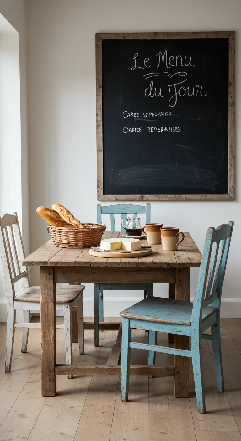Rincón de desayuno rústico con mesa de madera, sillas de colores y una pizarra grande.