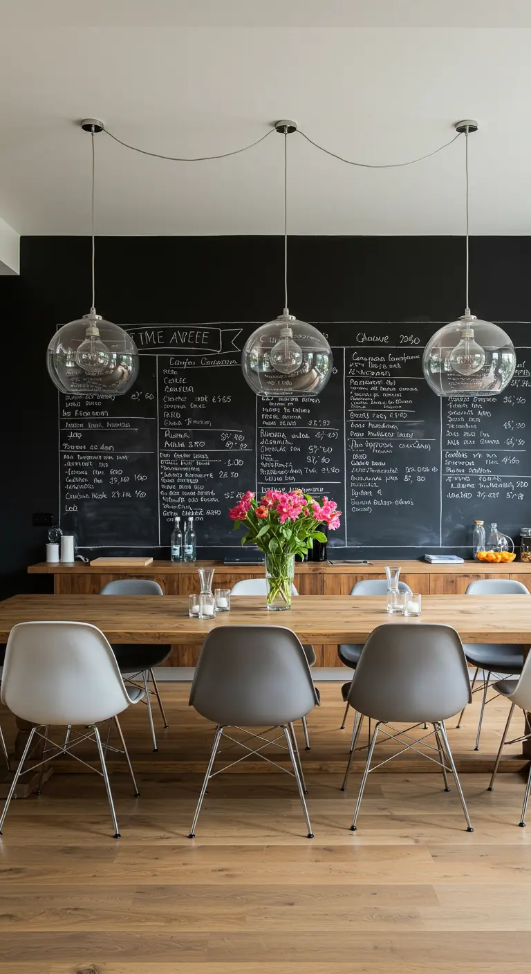 Comedor moderno con una larga pared de pizarra horizontal sobre un aparador, con un menú escrito.