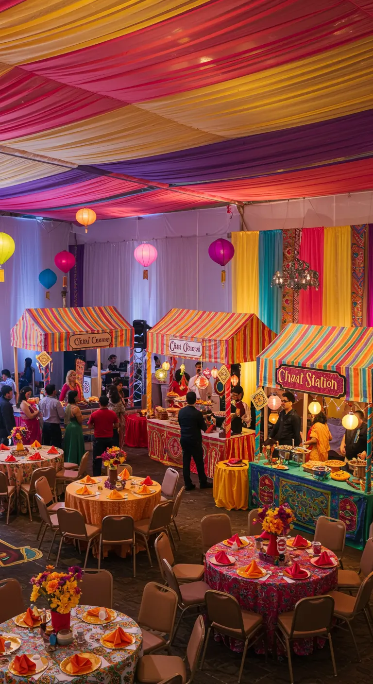Fiesta estilo mercado con puestos de comida coloridos y un techo cubierto de telas vibrantes.