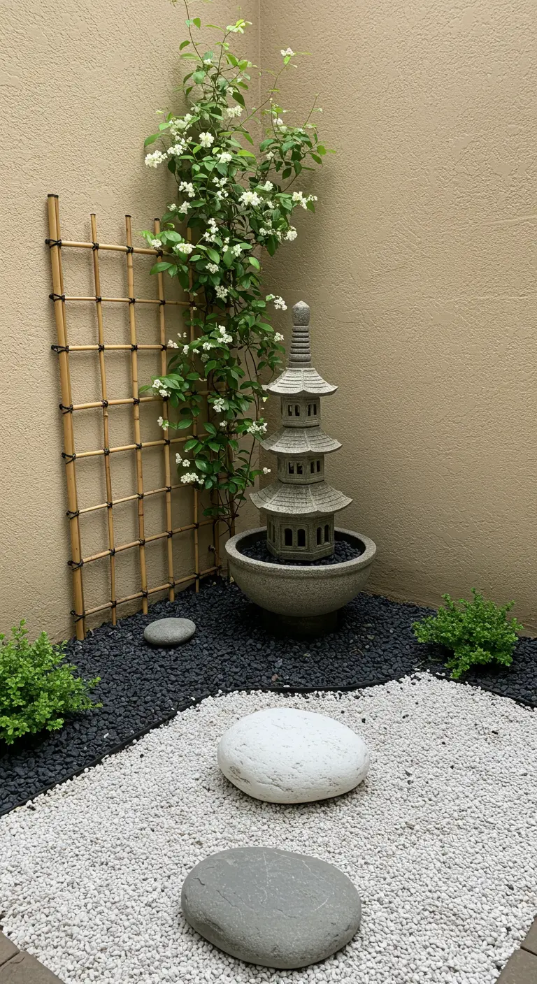 Pequeño jardín de esquina con grava blanca y negra, una fuente de pagoda y una planta trepadora.