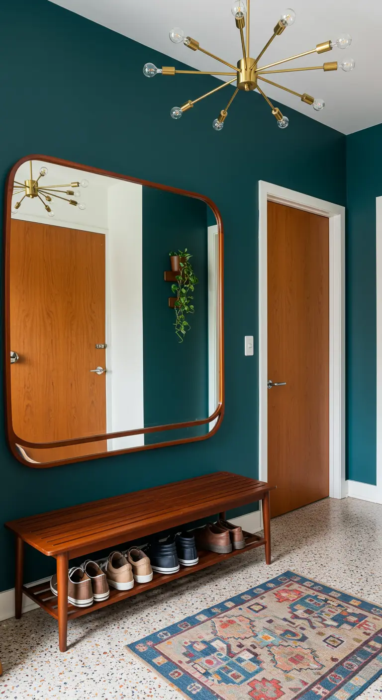 Entrada Mid-Century Modern con pared verde oscuro, banco de teca y espejo de esquinas redondeadas.