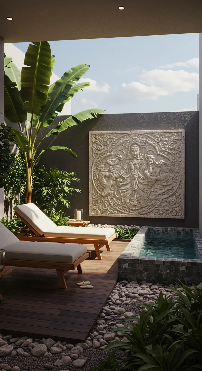 Pequeña piscina con hamacas de madera y un relieve balinés en la pared.