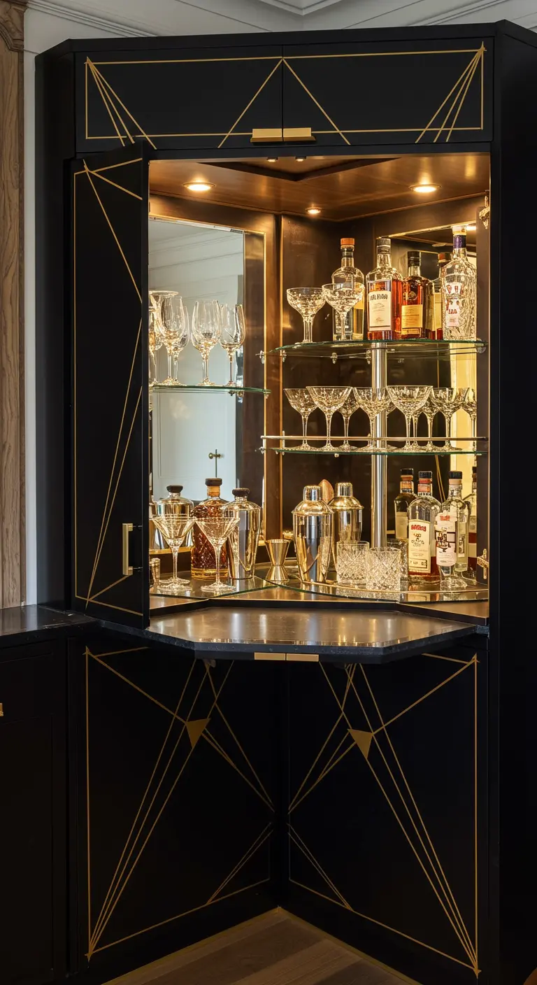 Mueble bar esquinero de estilo Art Déco en negro y dorado con estantes de cristal y espejo.