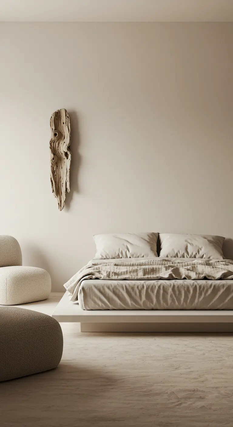 Dormitorio minimalista con paredes beige, cama baja y una pieza de madera flotante como arte