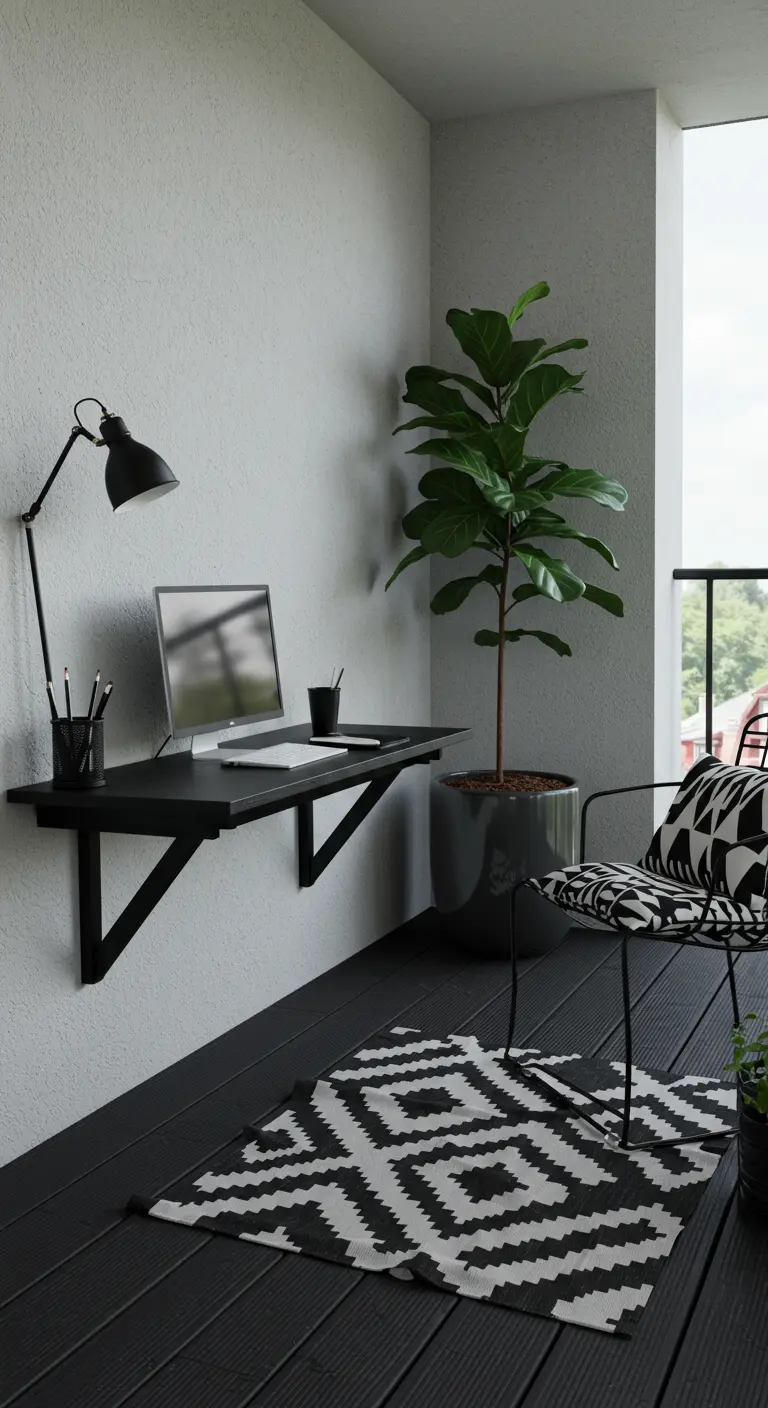 Oficina moderna en balcón con escritorio abatible negro y alfombra geométrica.