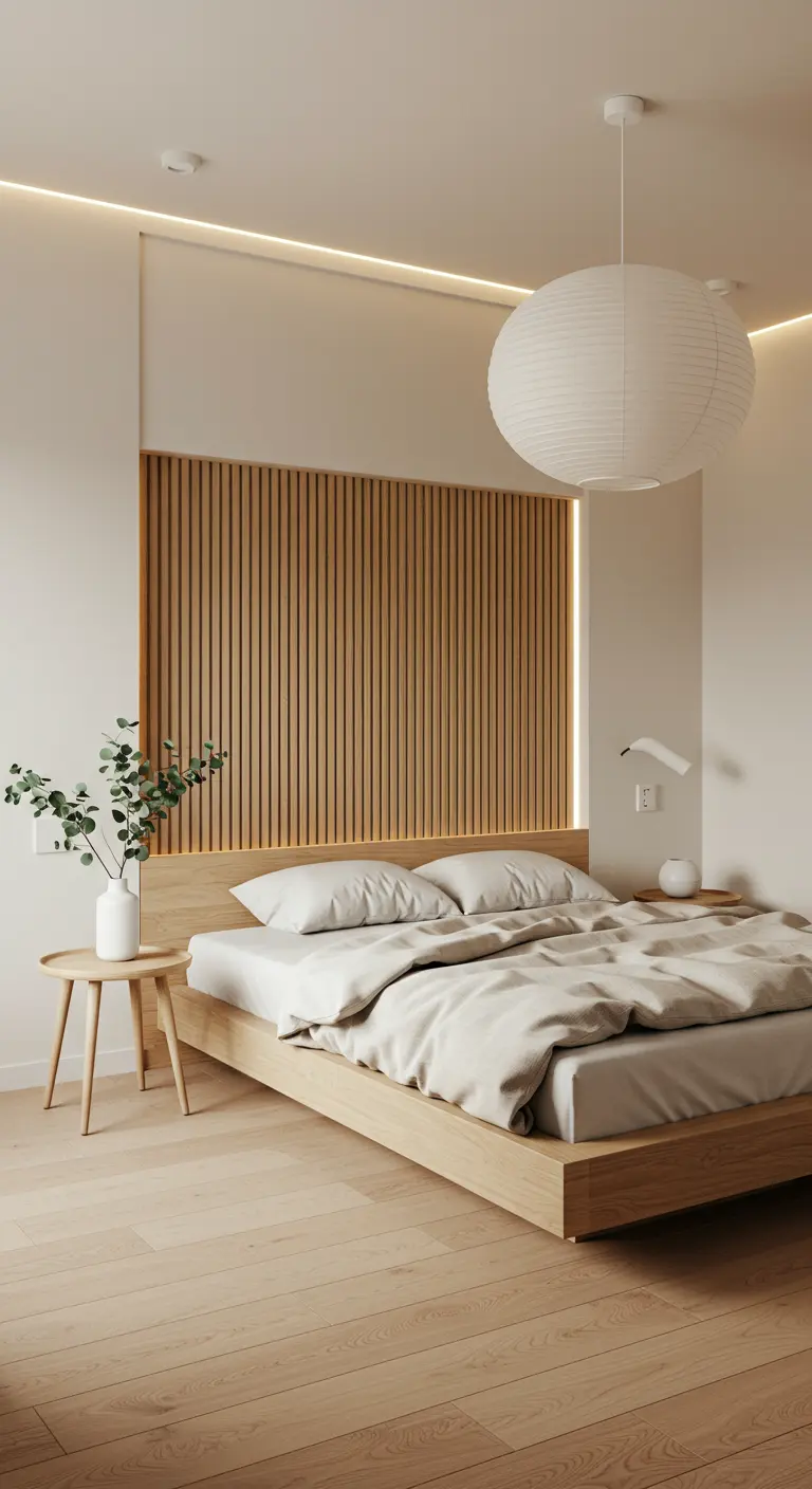 Dormitorio minimalista de estilo japonés con pared de listones de madera y cama baja