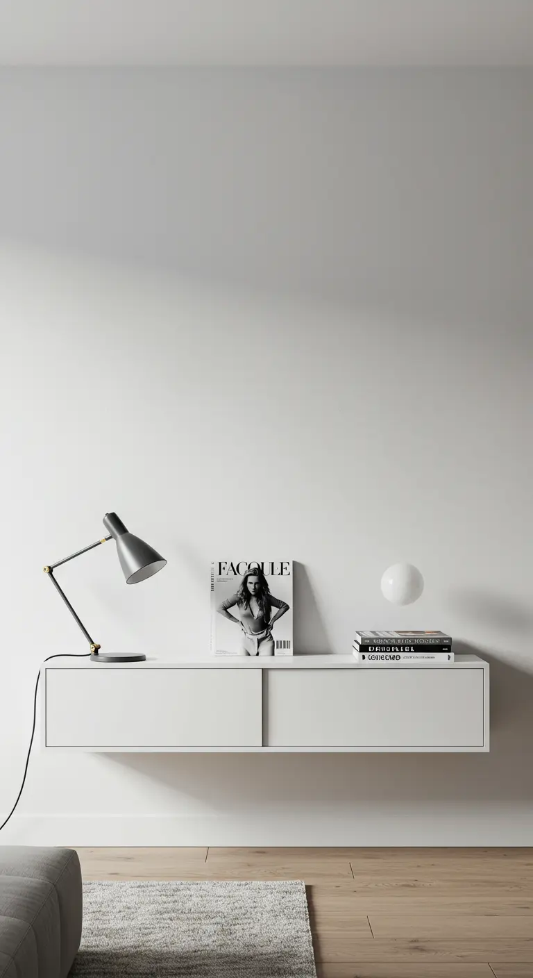 Una única estantería flotante blanca y cerrada sobre una pared blanca, con una lámpara y libros.