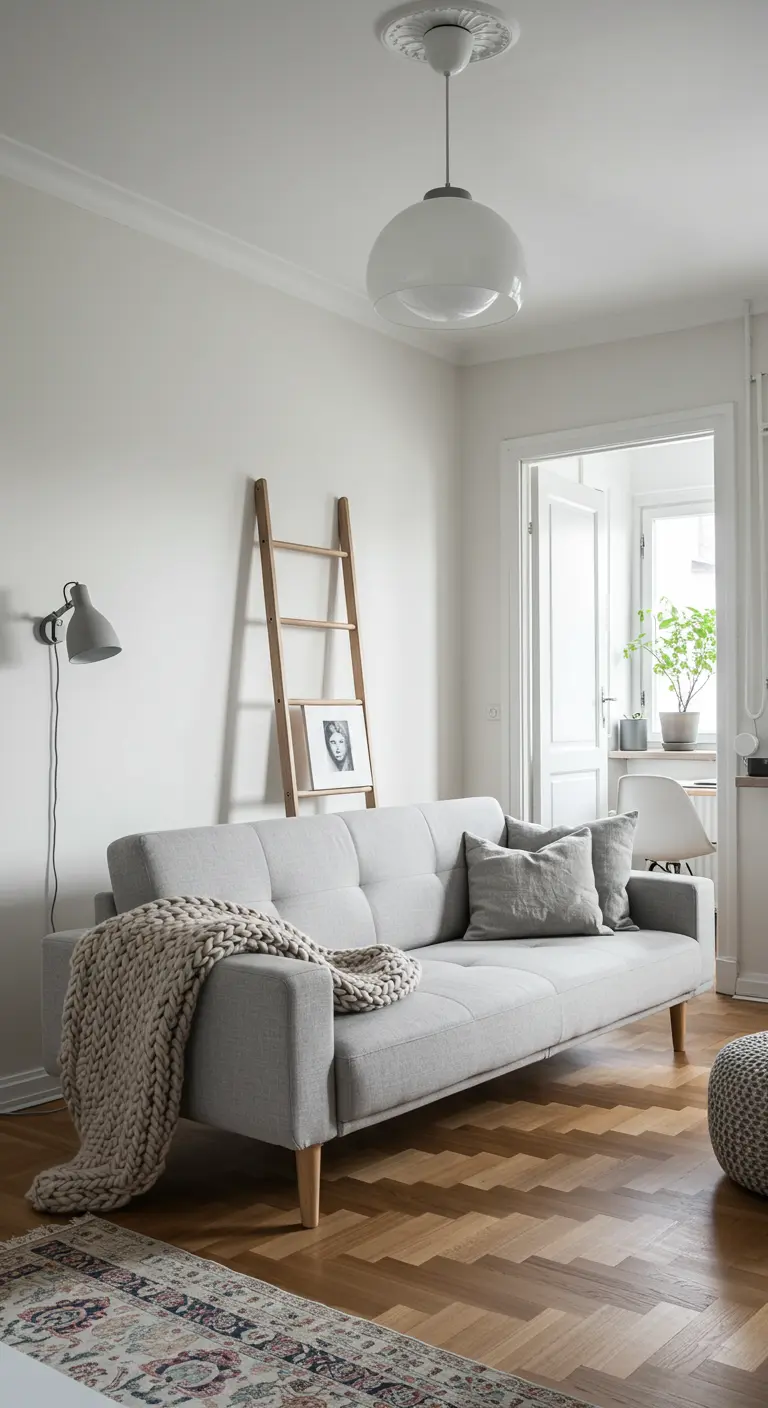 Sofá cama gris claro en un salón de estilo escandinavo con manta de punto y suelo de madera.