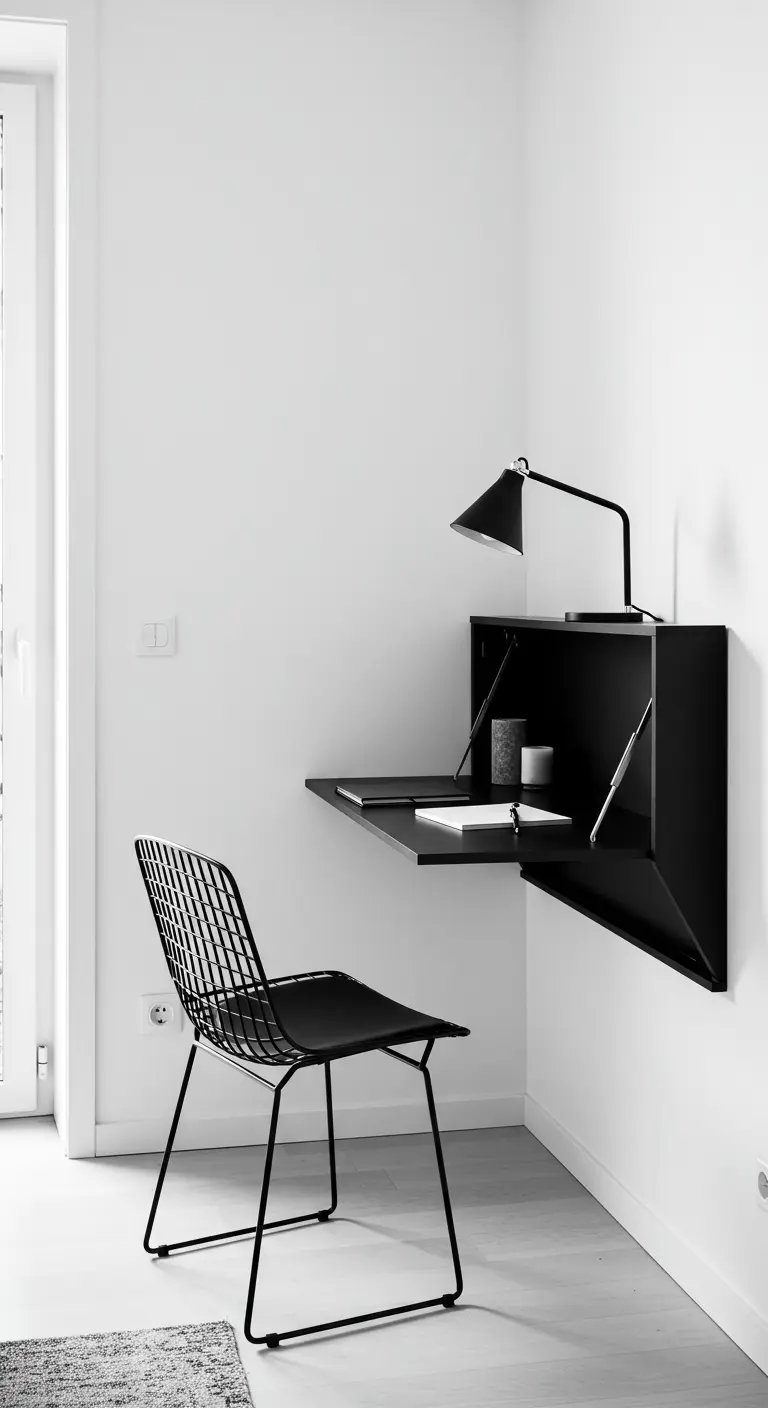 Escritorio de pared plegable de color negro, con diseño geométrico y minimalista.