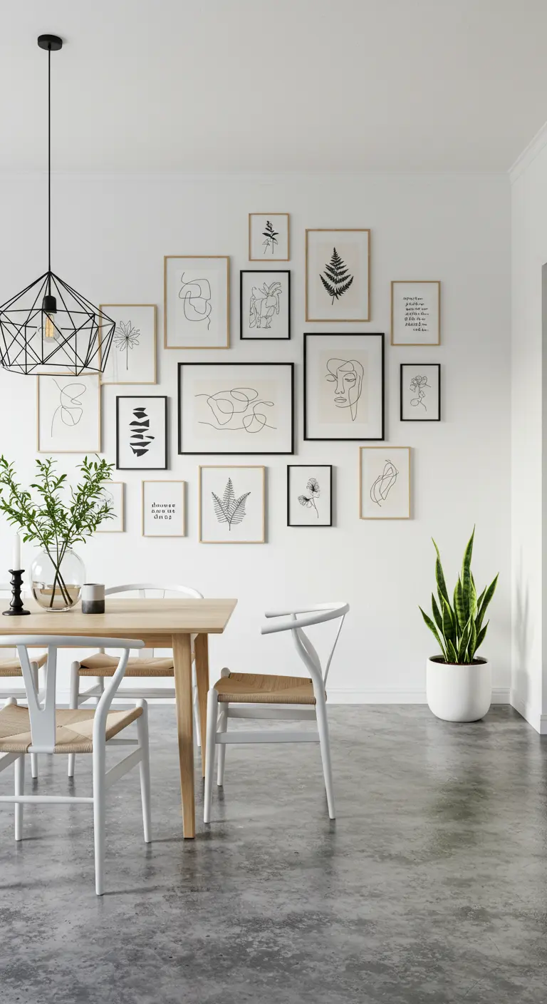 Pared de galería minimalista con arte lineal en blanco y negro y marcos de madera y negros
