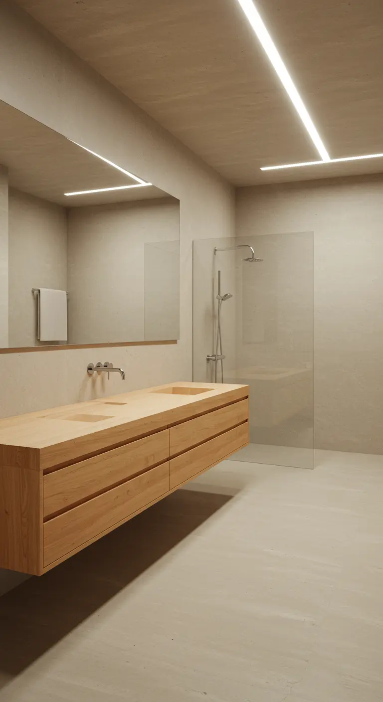 Baño minimalista en tonos arena con un gran mueble de madera flotante y luz lineal en el techo