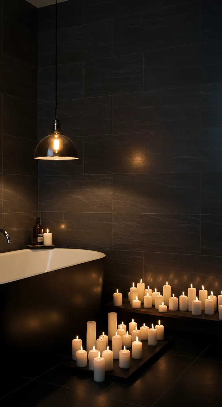 Baño oscuro y minimalista con una gran cantidad de velas encendidas en el suelo junto a la bañera.