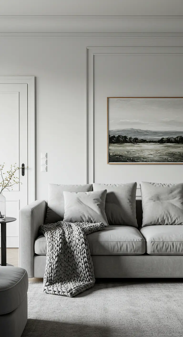 Salón minimalista con sofá de terciopelo gris claro y una manta de punto grueso.