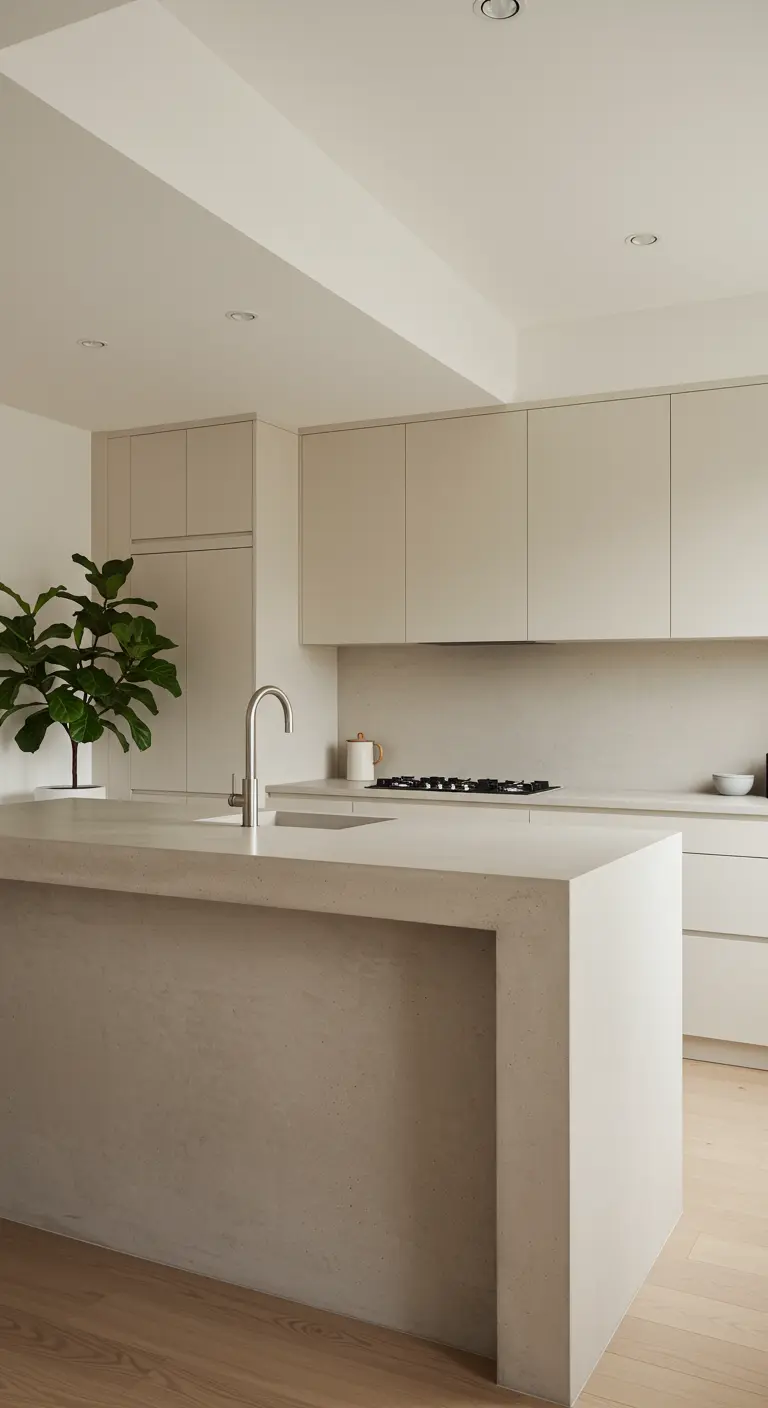 Cocina minimalista con una gran isla con acabado de hormigón y una planta verde