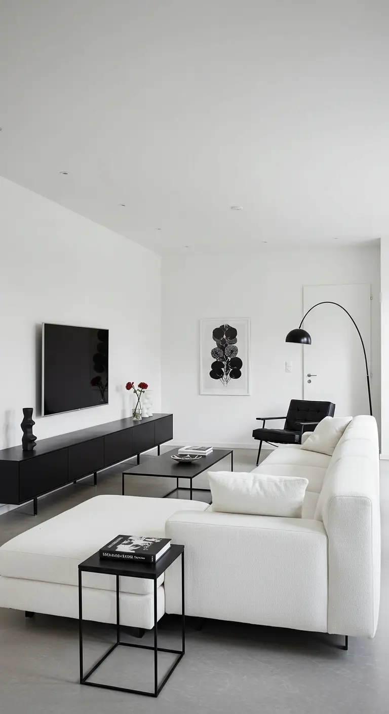 Amplia sala minimalista con un gran sofá modular blanco y muebles bajos negros.