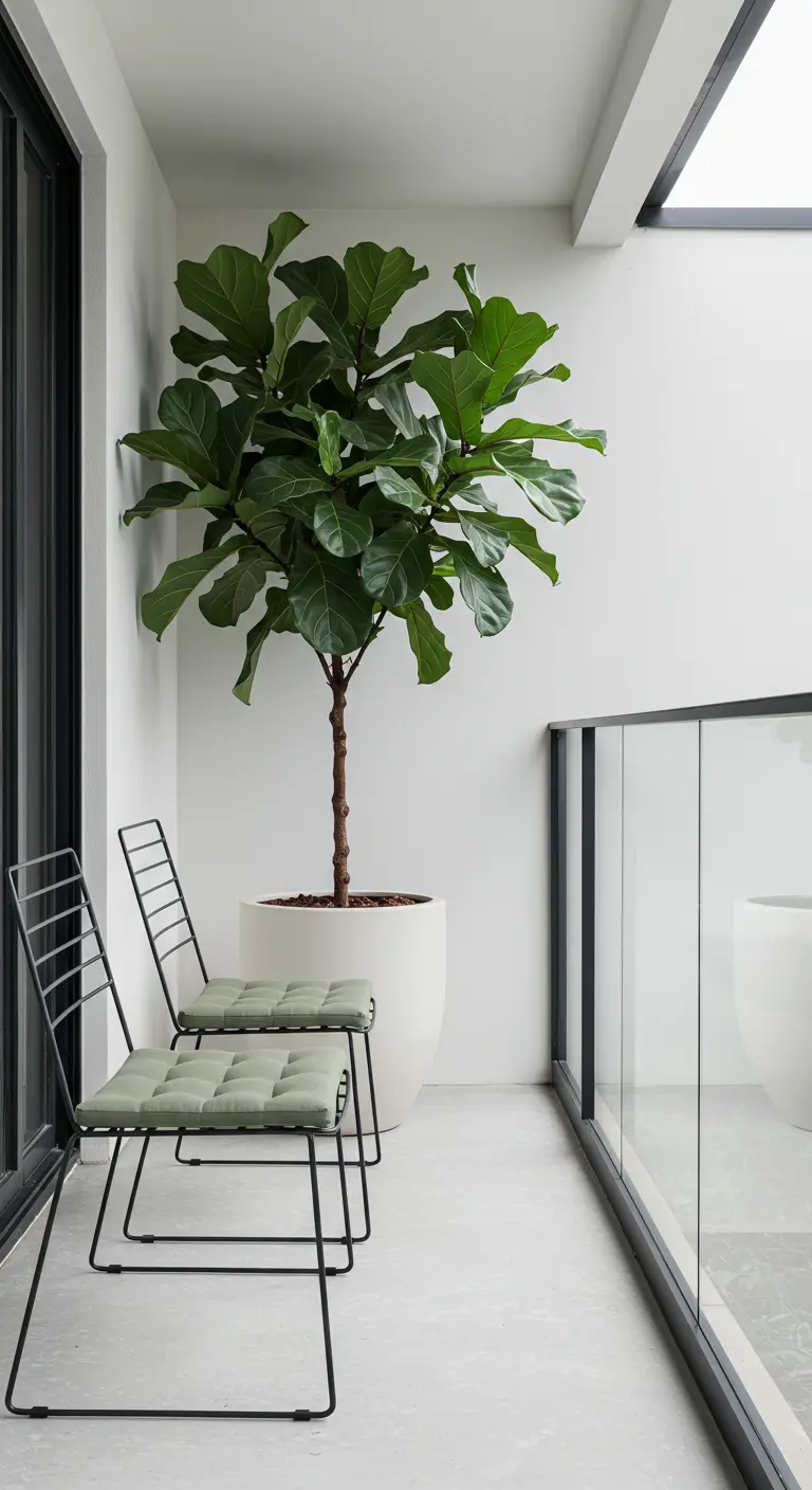 Balcón minimalista con paredes blancas, un gran Ficus Lyrata en maceta blanca y dos sillas de metal negro.