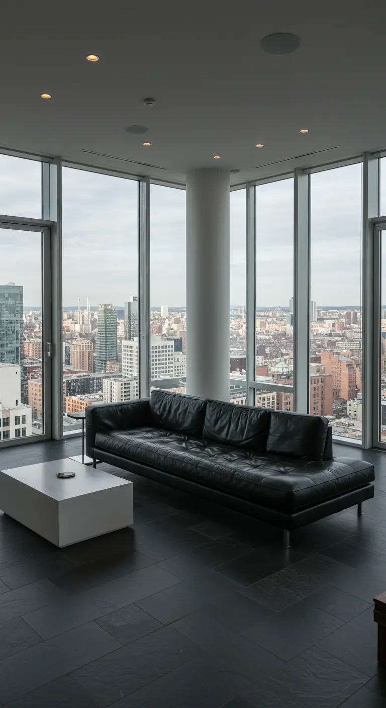 Sala minimalista con sofá de cuero negro y grandes ventanales con vistas a la ciudad.