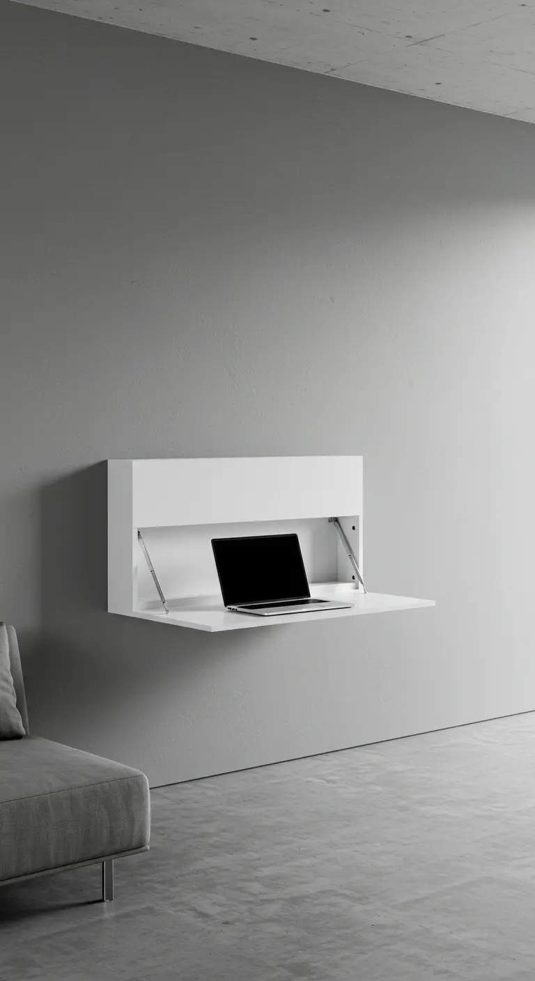 Escritorio de pared plegable blanco y minimalista flotando sobre un suelo de cemento pulido.