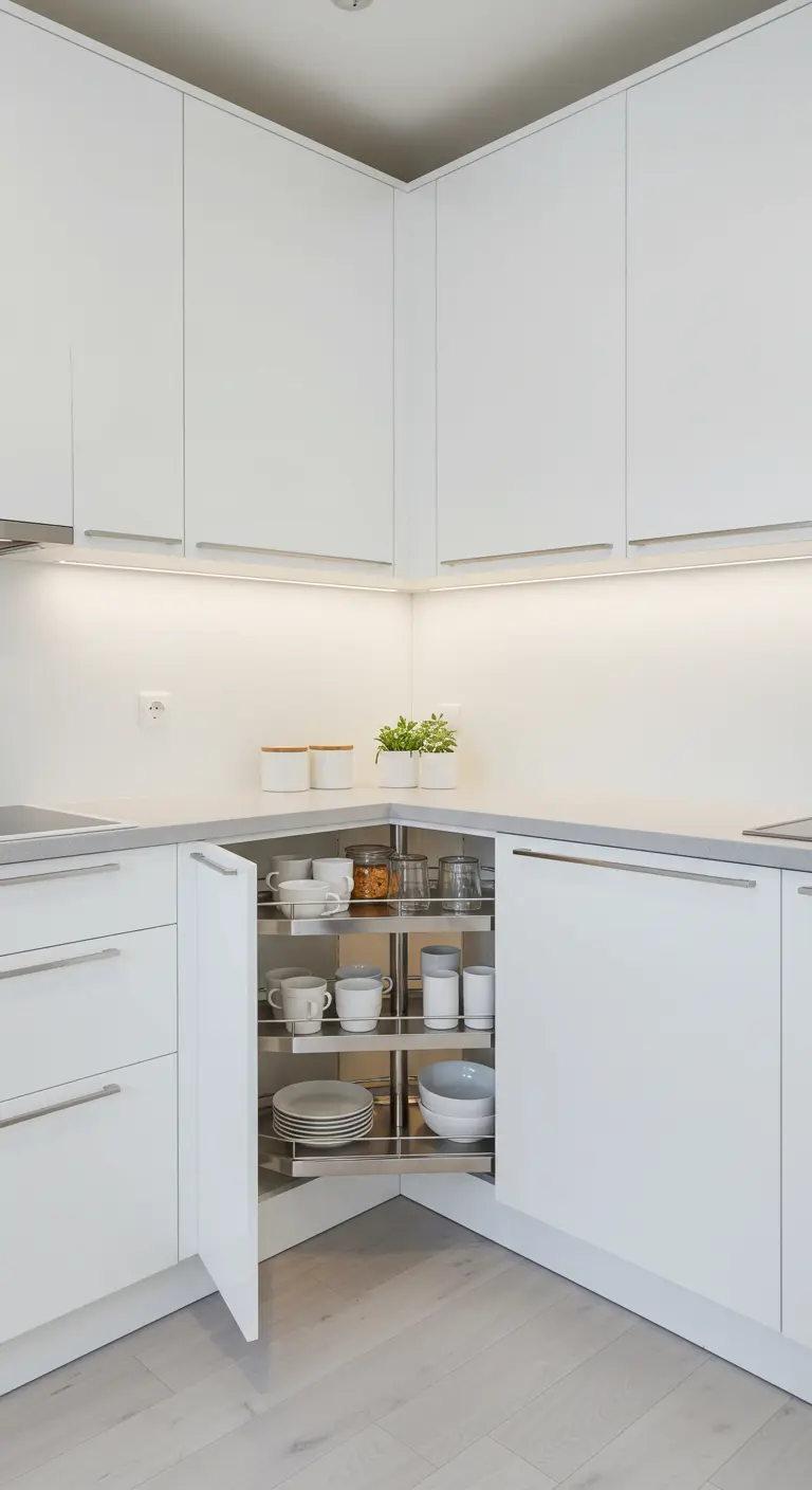 Cocina blanca minimalista con un estante esquinero extraíble y giratorio lleno de vajilla.