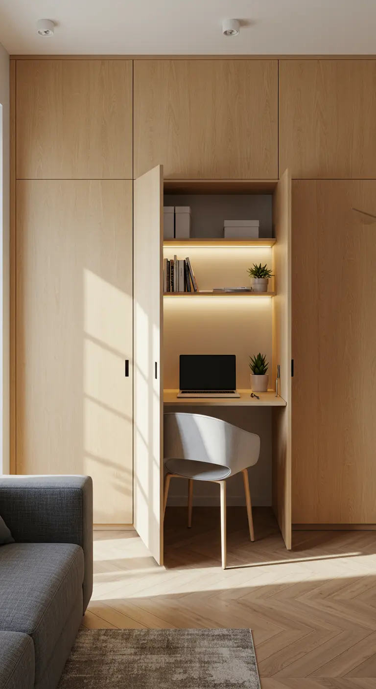 Oficina minimalista oculta en un armario de madera clara con luz LED.
