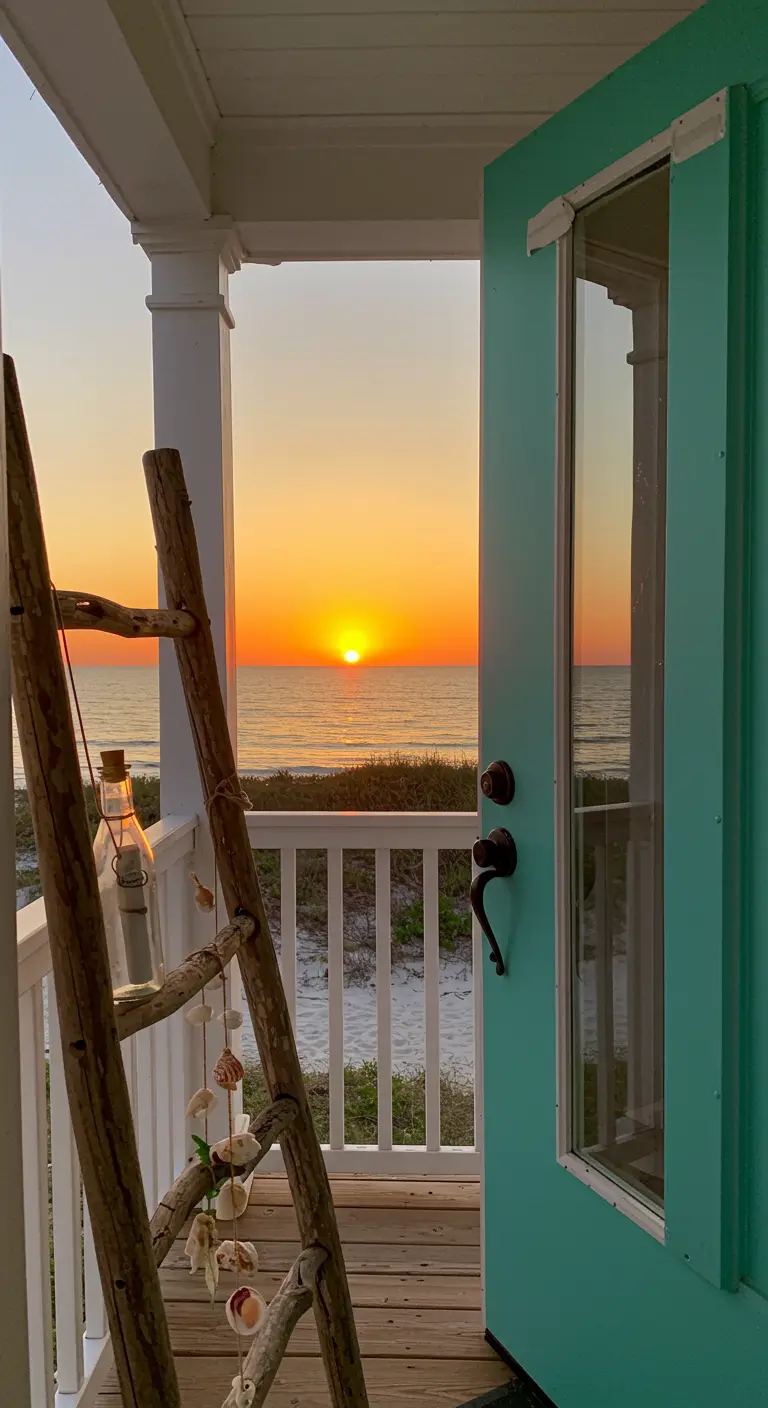 Escalera de madera de deriva en un balcón con vistas al mar durante el atardecer.