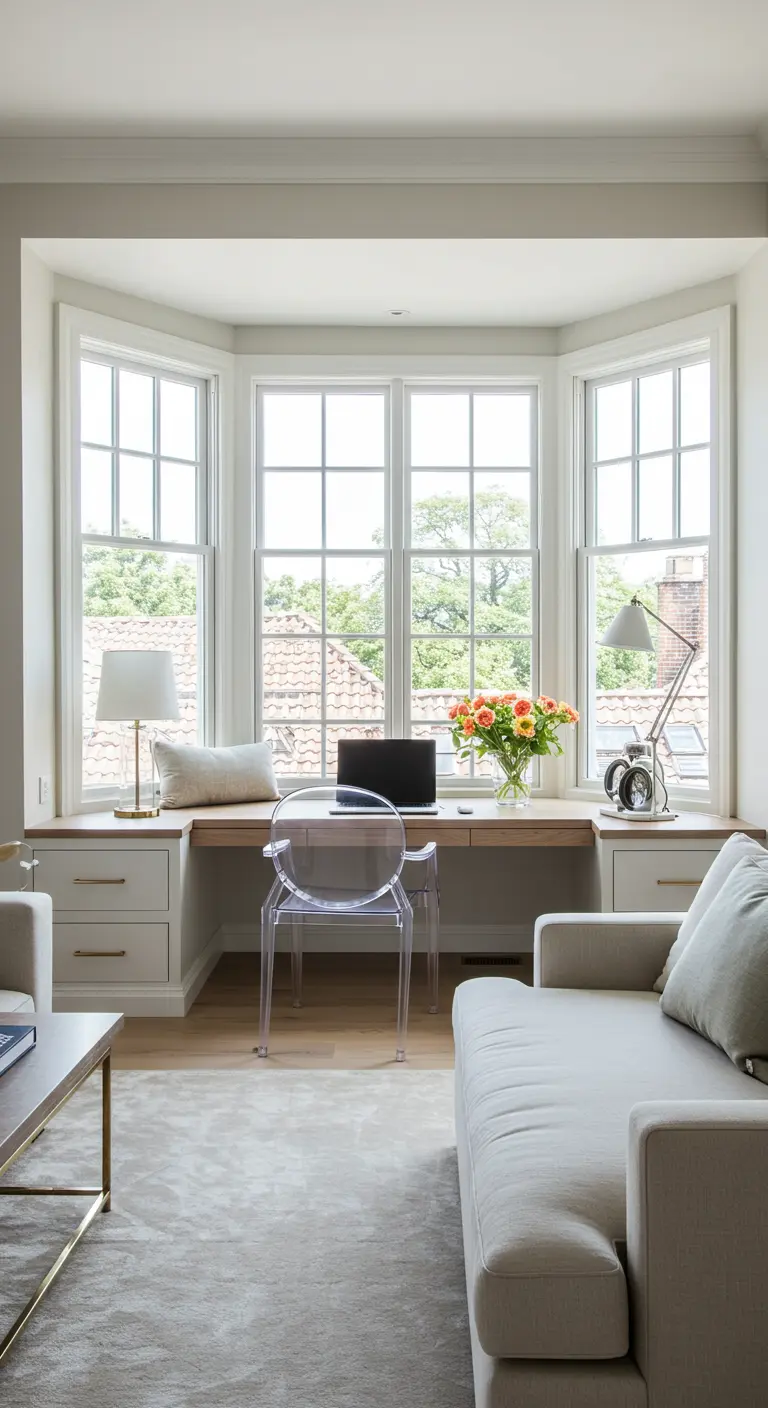 Escritorio a medida en el hueco de un ventanal grande con una silla transparente.