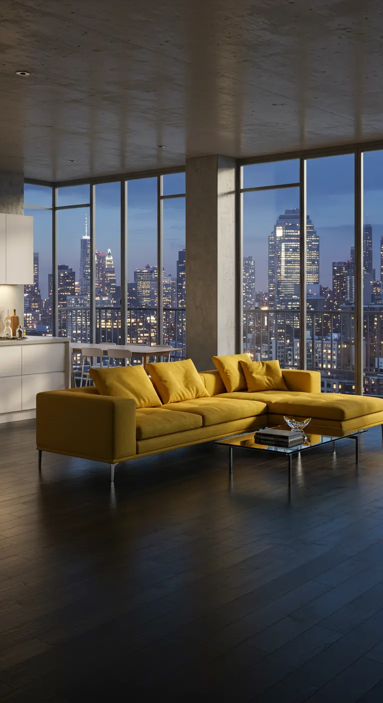 Sofá seccional mostaza en un apartamento moderno con vistas panorámicas a la ciudad de noche.