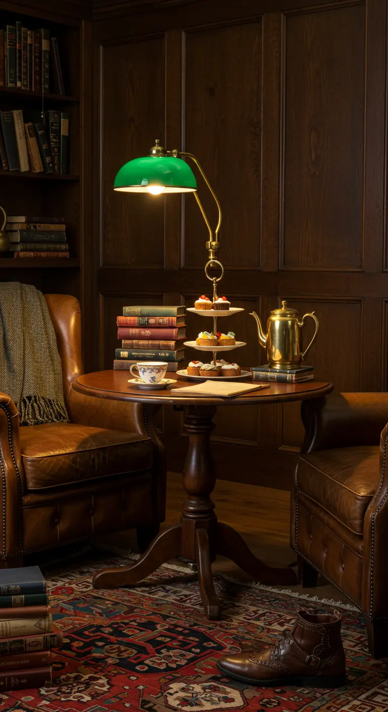 Mesa de té redonda entre dos sillones de cuero en una biblioteca con paneles de madera oscura.